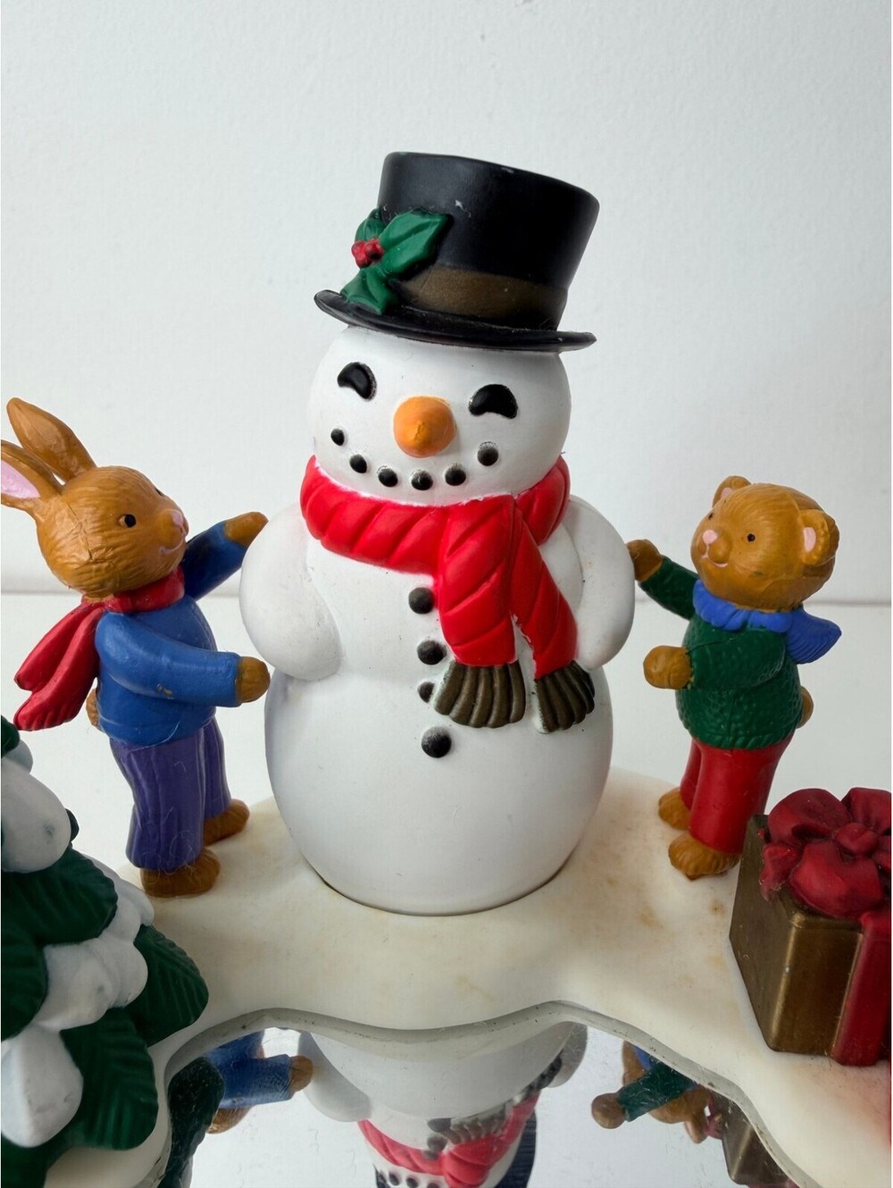 Rare 1996 musical Vintage snowman figurine with bunny and bear building snowman